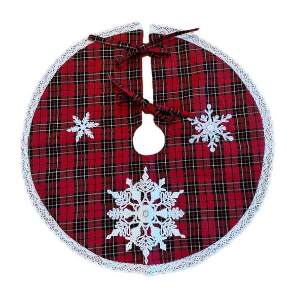 Christmas Tree Skirt Plaid Embroidered Snowflakes Crochet Edge Table Top Tree - Picture 1 of 9